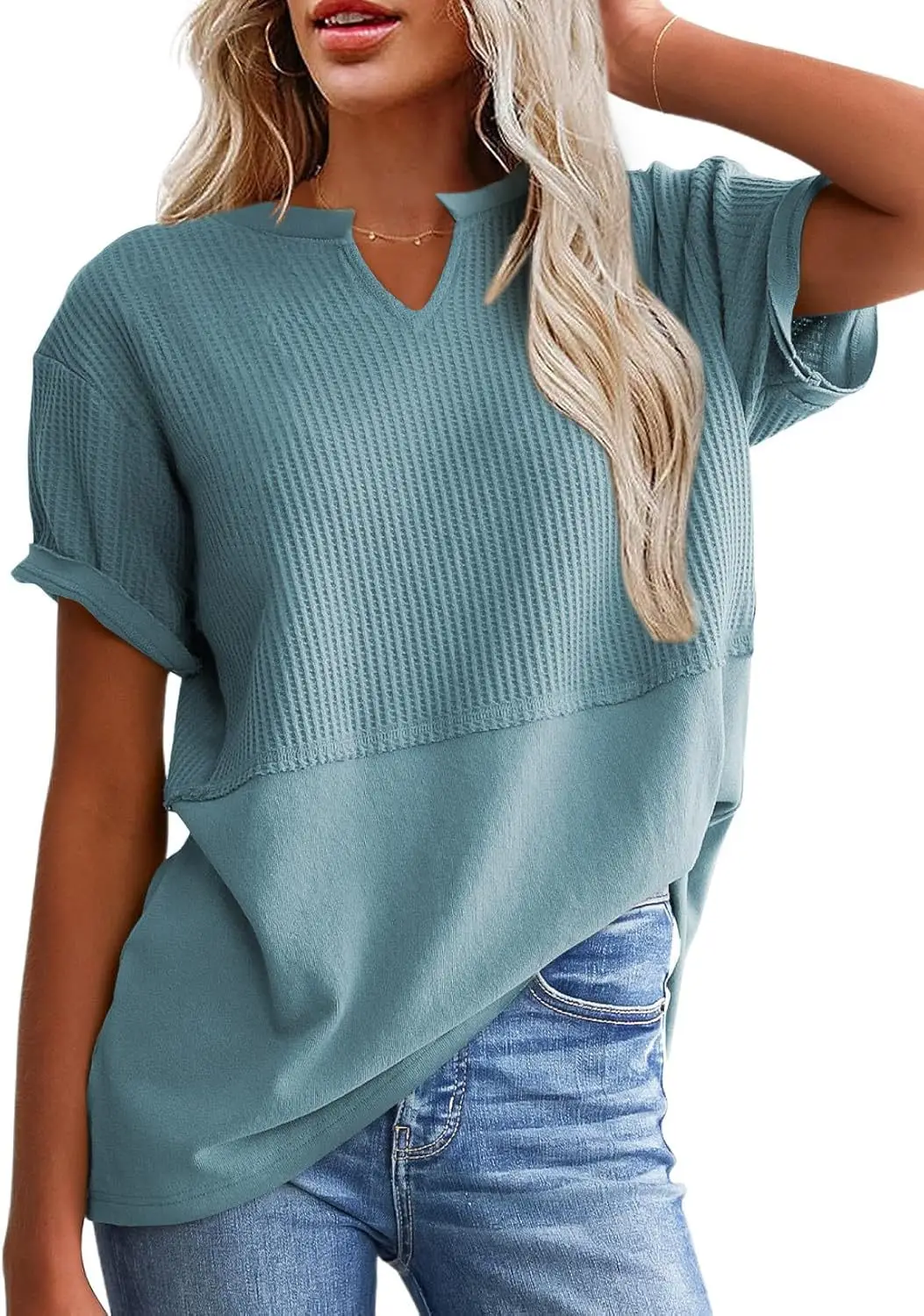 Women V-Neck Pullover Patchwork Shirt Red College Style — feature 44