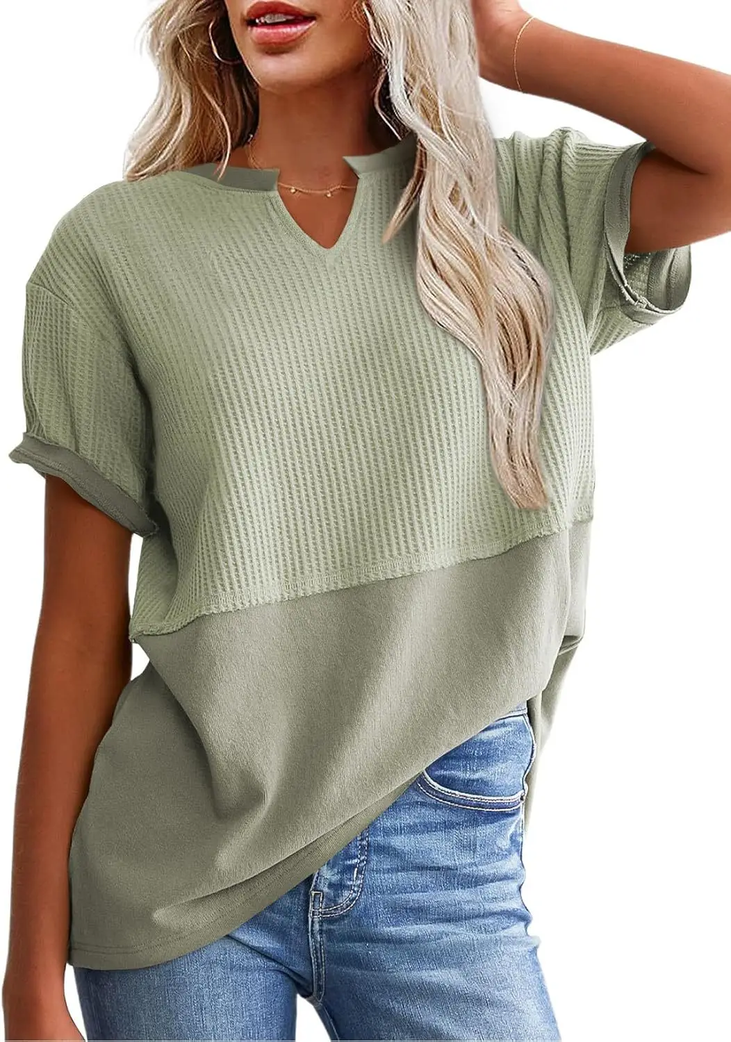 Women V-Neck Pullover Patchwork Shirt Red College Style — feature 5