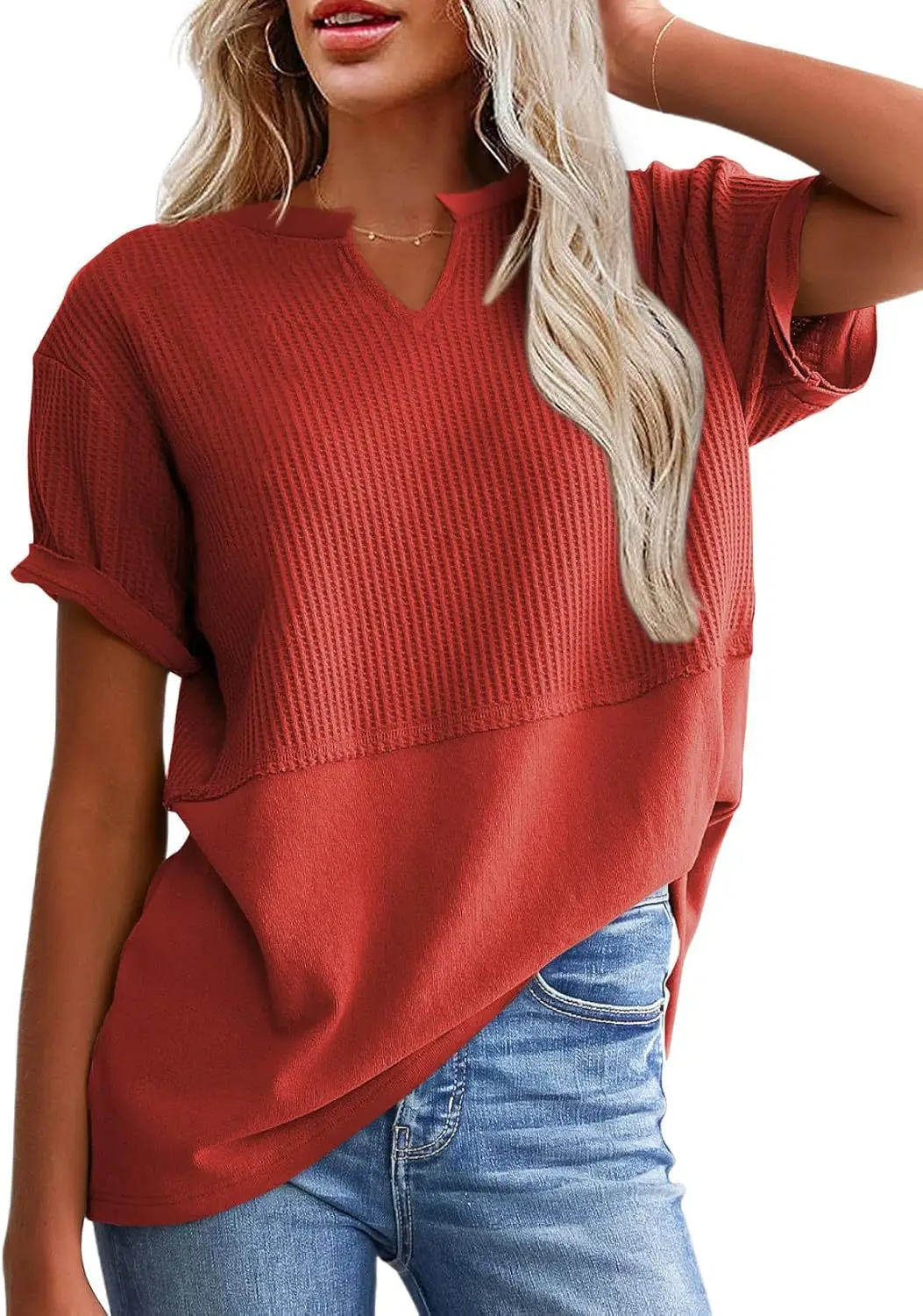 Women V-Neck Pullover Patchwork Shirt Red College Style — feature 9