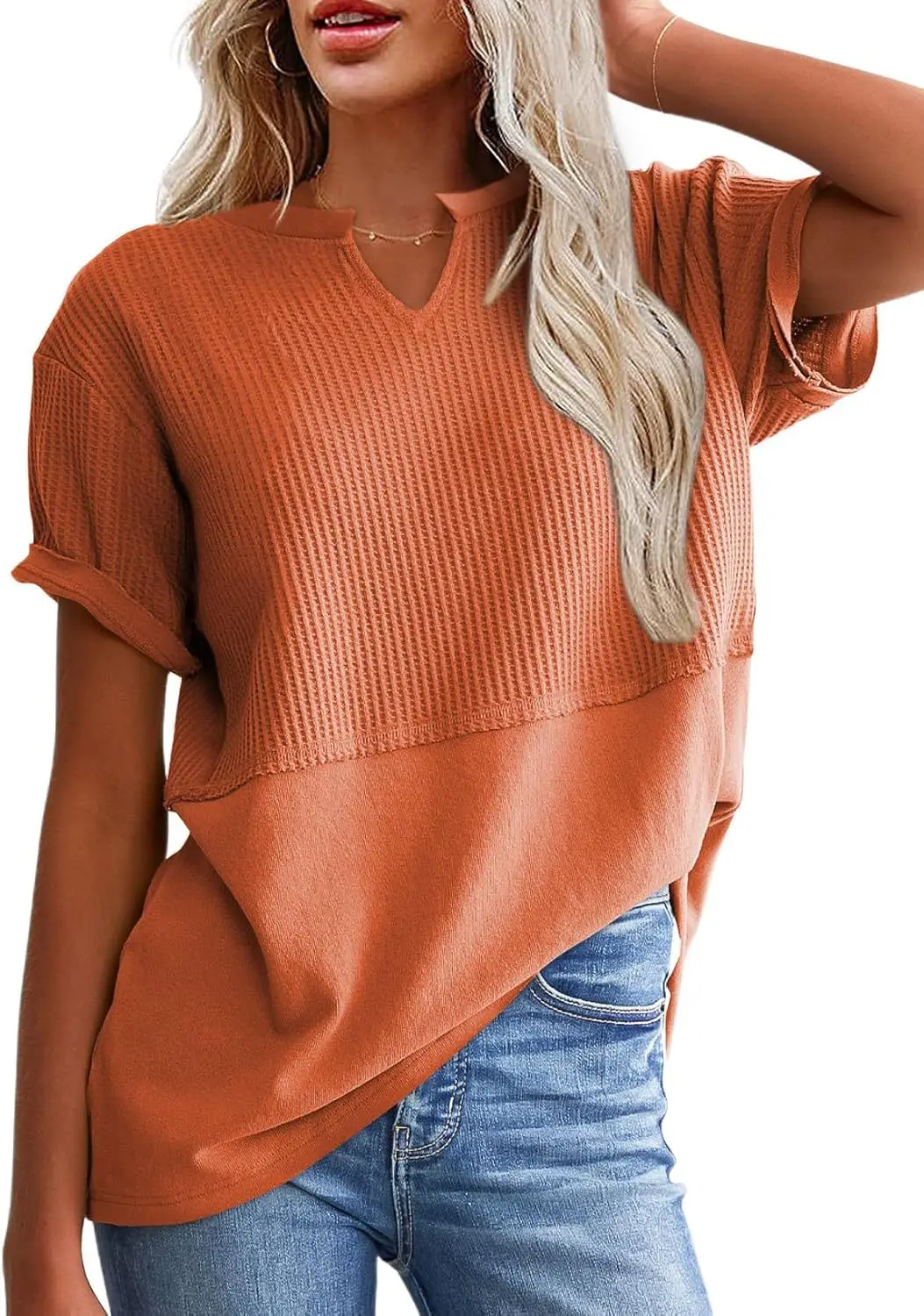 Women V-Neck Pullover Patchwork Shirt Red College Style - Image 11