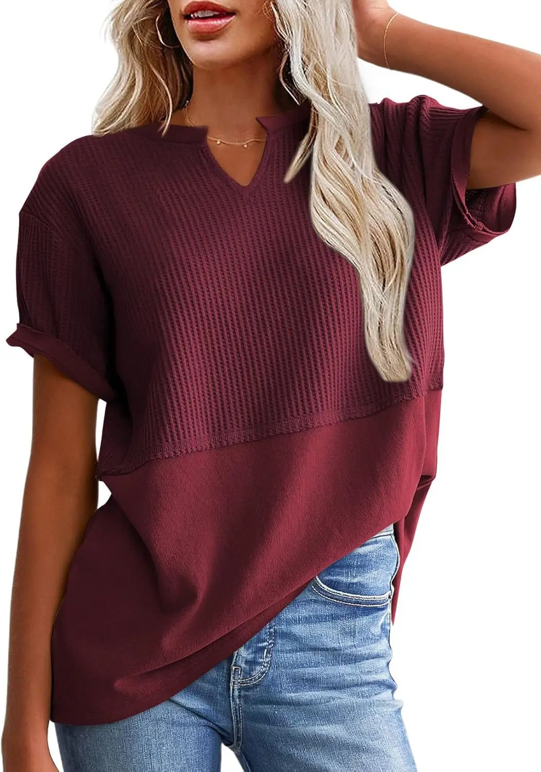Women V-Neck Pullover Patchwork Shirt Red College Style - Image 12