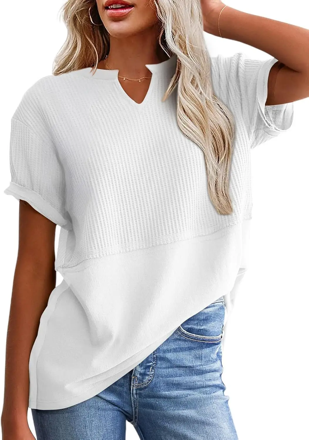 Women V-Neck Pullover Patchwork Shirt Red College Style - Image 13