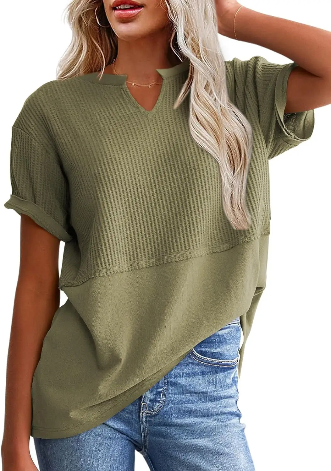Women V-Neck Pullover Patchwork Shirt Red College Style - Image 14