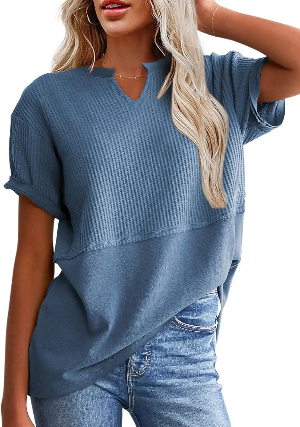 Women V-Neck Pullover Patchwork Shirt Red College Style - Image 15