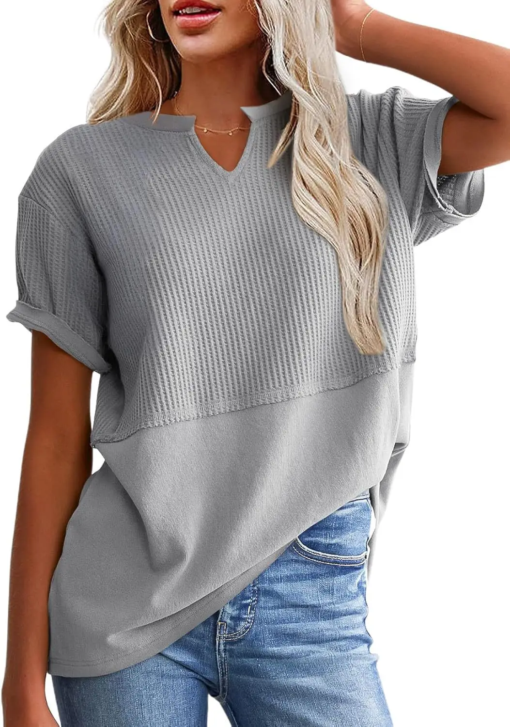 Women V-Neck Pullover Patchwork Shirt Red College Style - Image 5