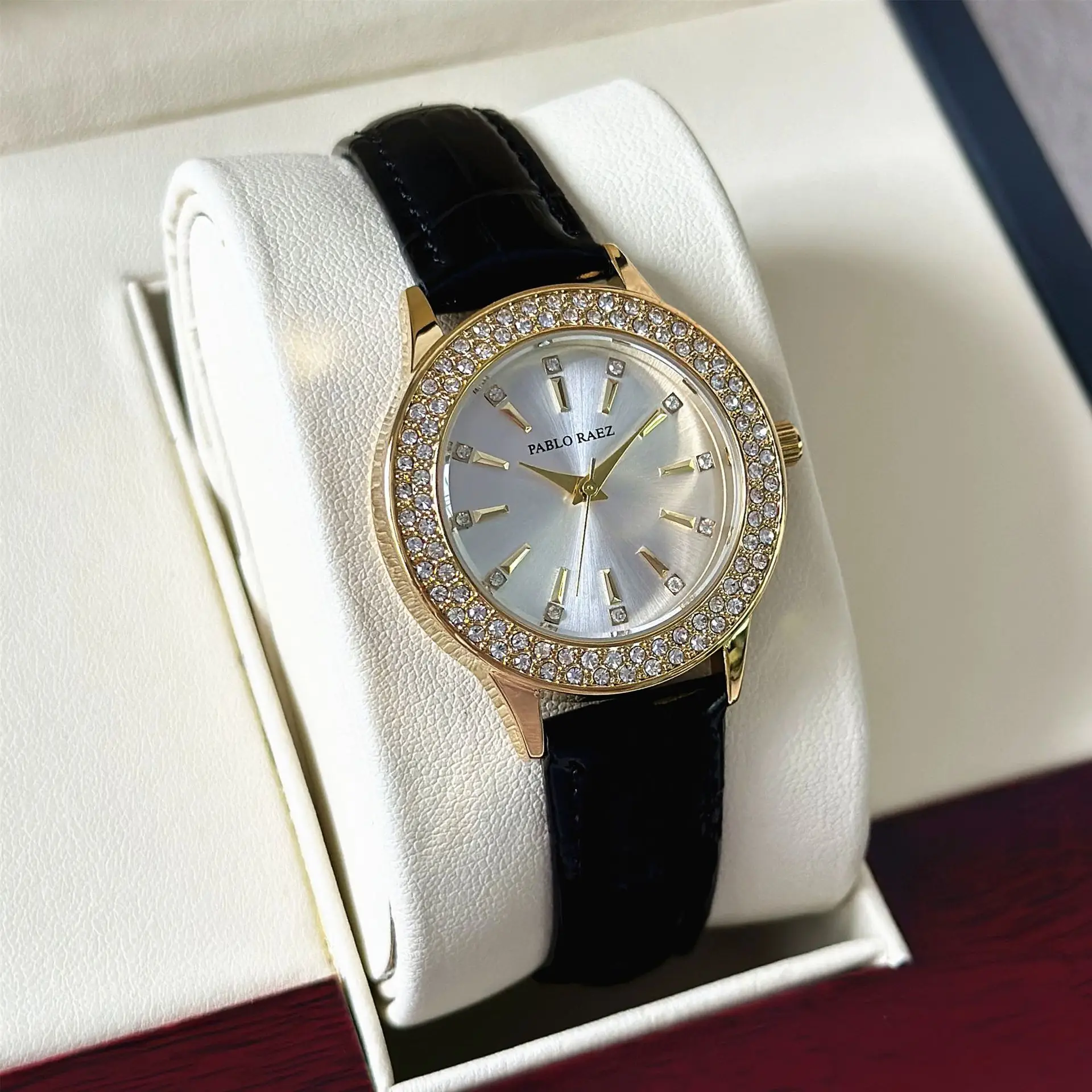 Luxury Full Diamond Women's Watch Gold Black Strap - Image 3