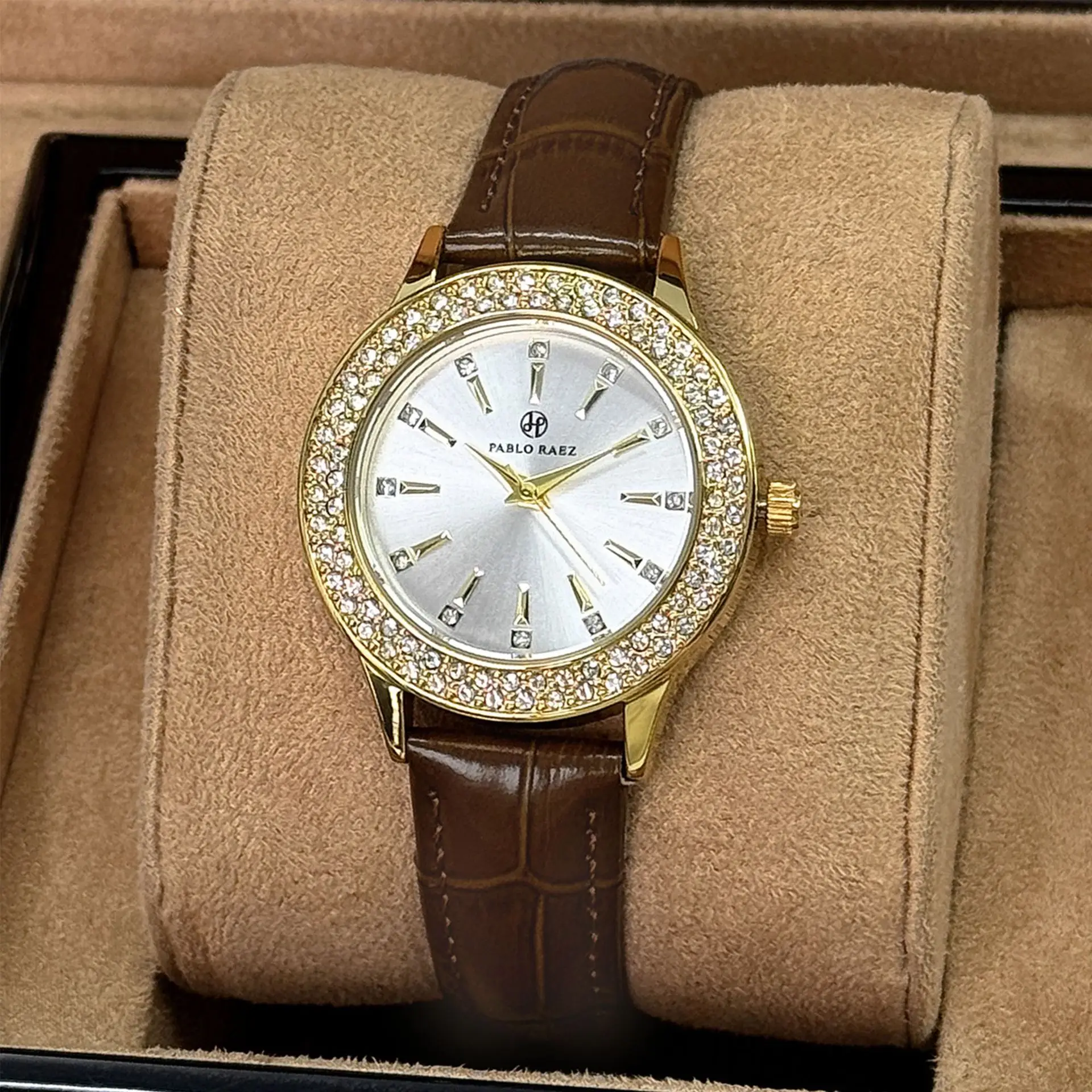 Luxury Full Diamond Women's Watch Gold Black Strap - Image 2