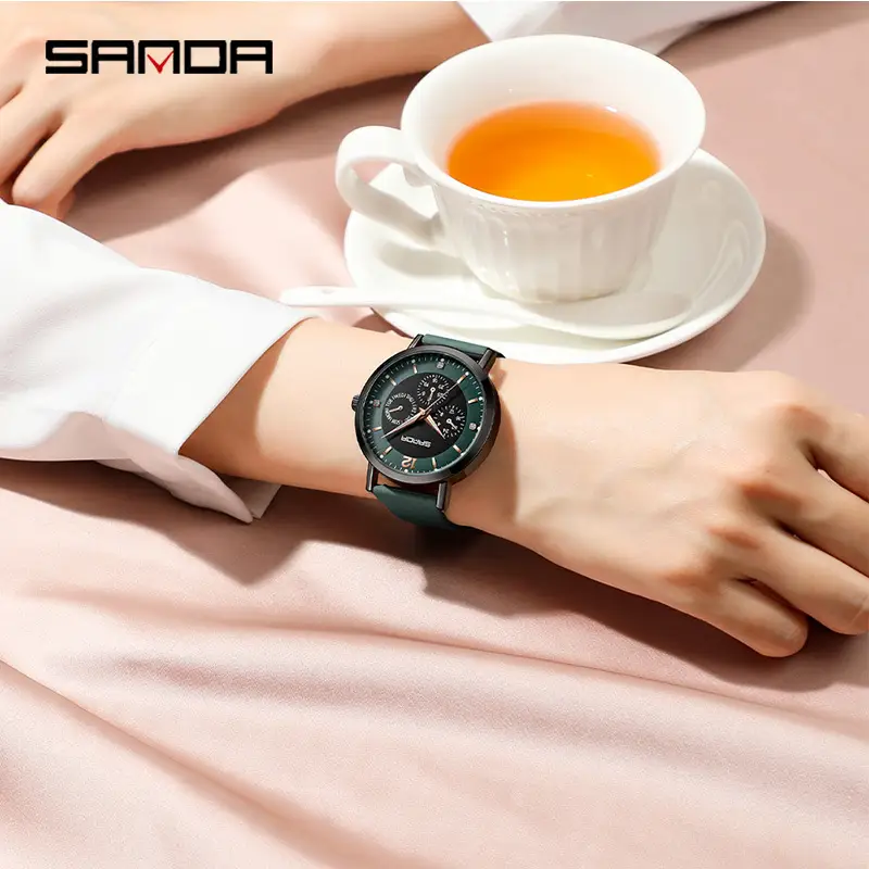 Sanda Black 3-Eye Watch Brown Strap Men Women - Image 8