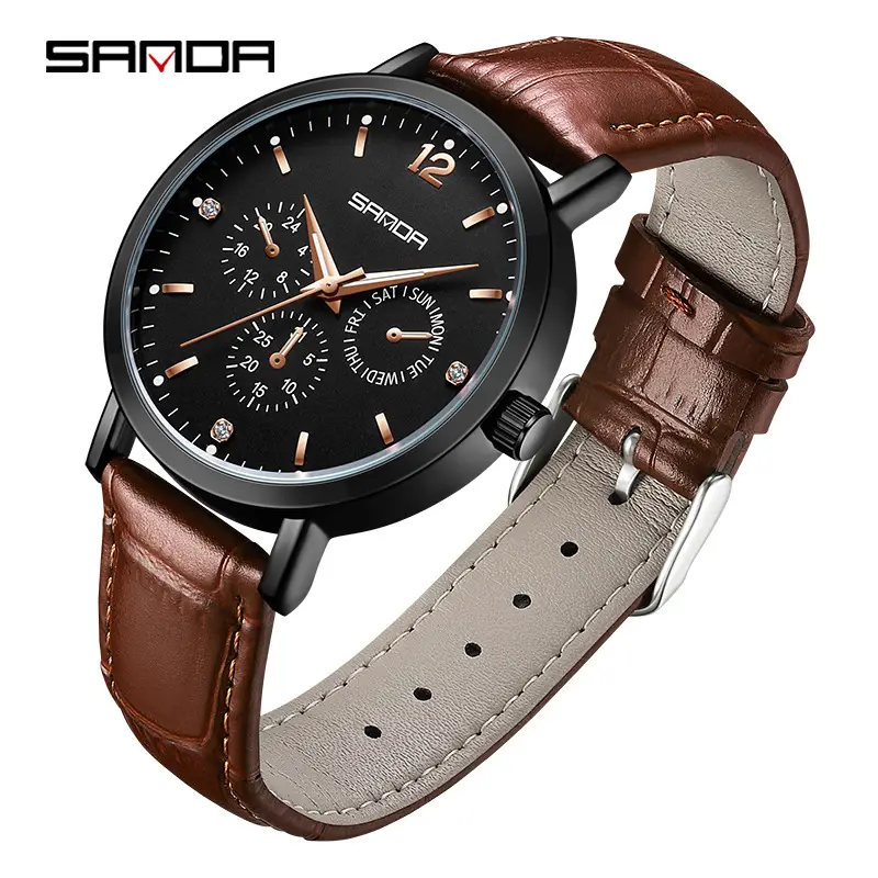 Sanda Black 3-Eye Watch Brown Strap Men Women - Image 10