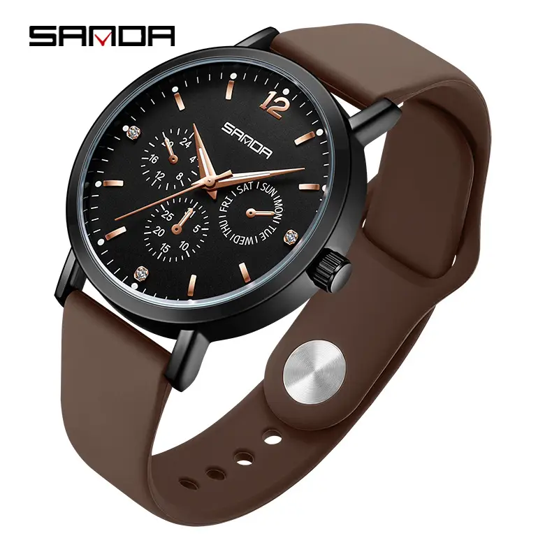 Sanda Black 3-Eye Watch Brown Strap Men Women - Image 2