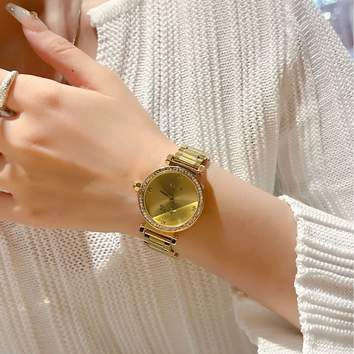 Gold Cross Strap Women's Watch with Crystal Dial - Image 2