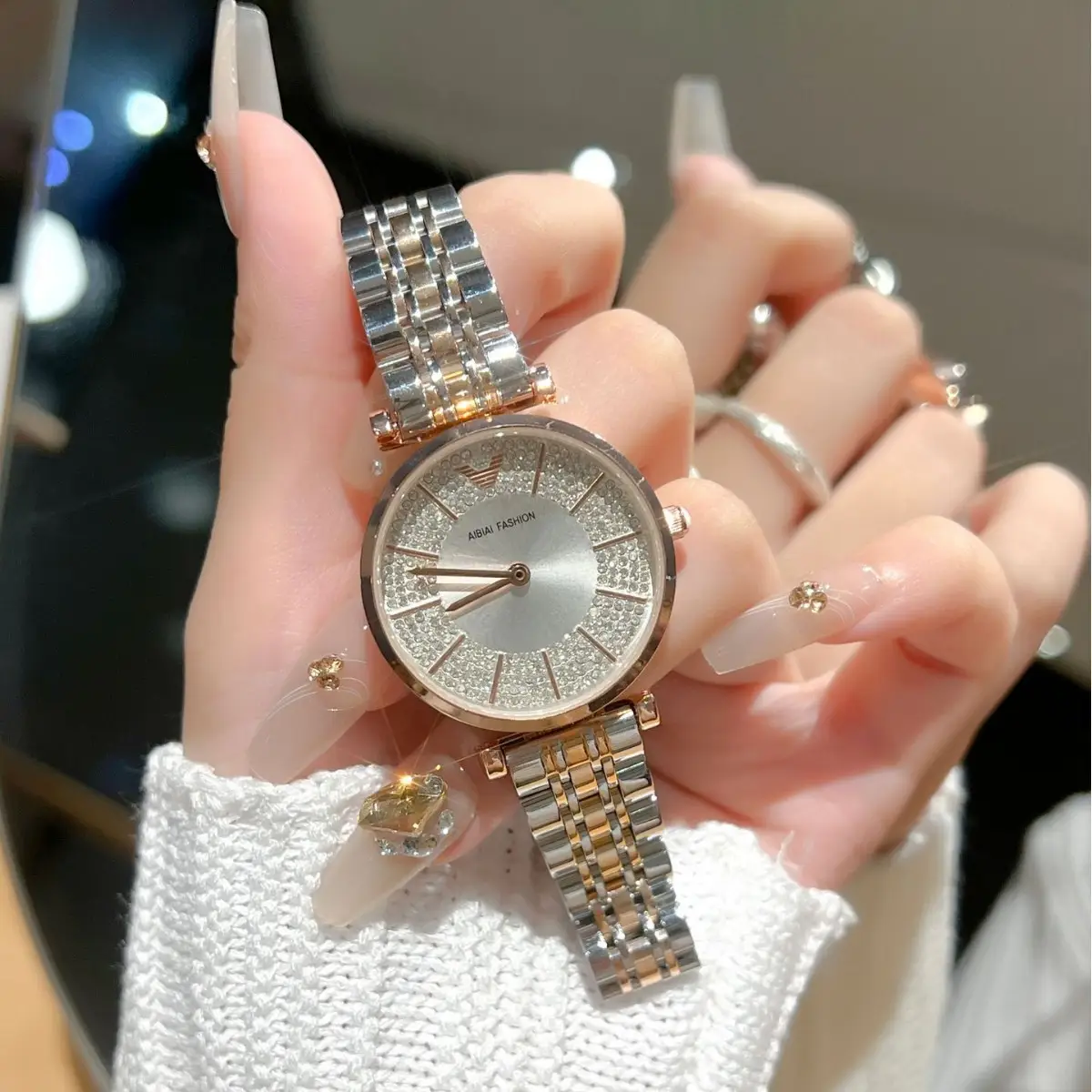 Korean Style Women's Quartz Diamond Watch with Black Leather Band - Image 3