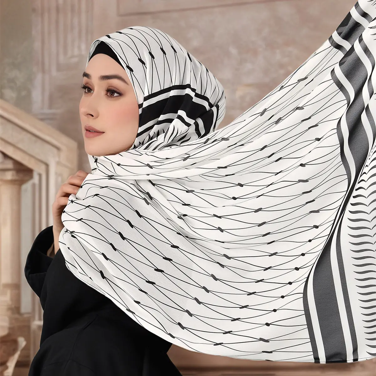 Arabian Chiffon Long Scarf for Women Beige Black - Image 5