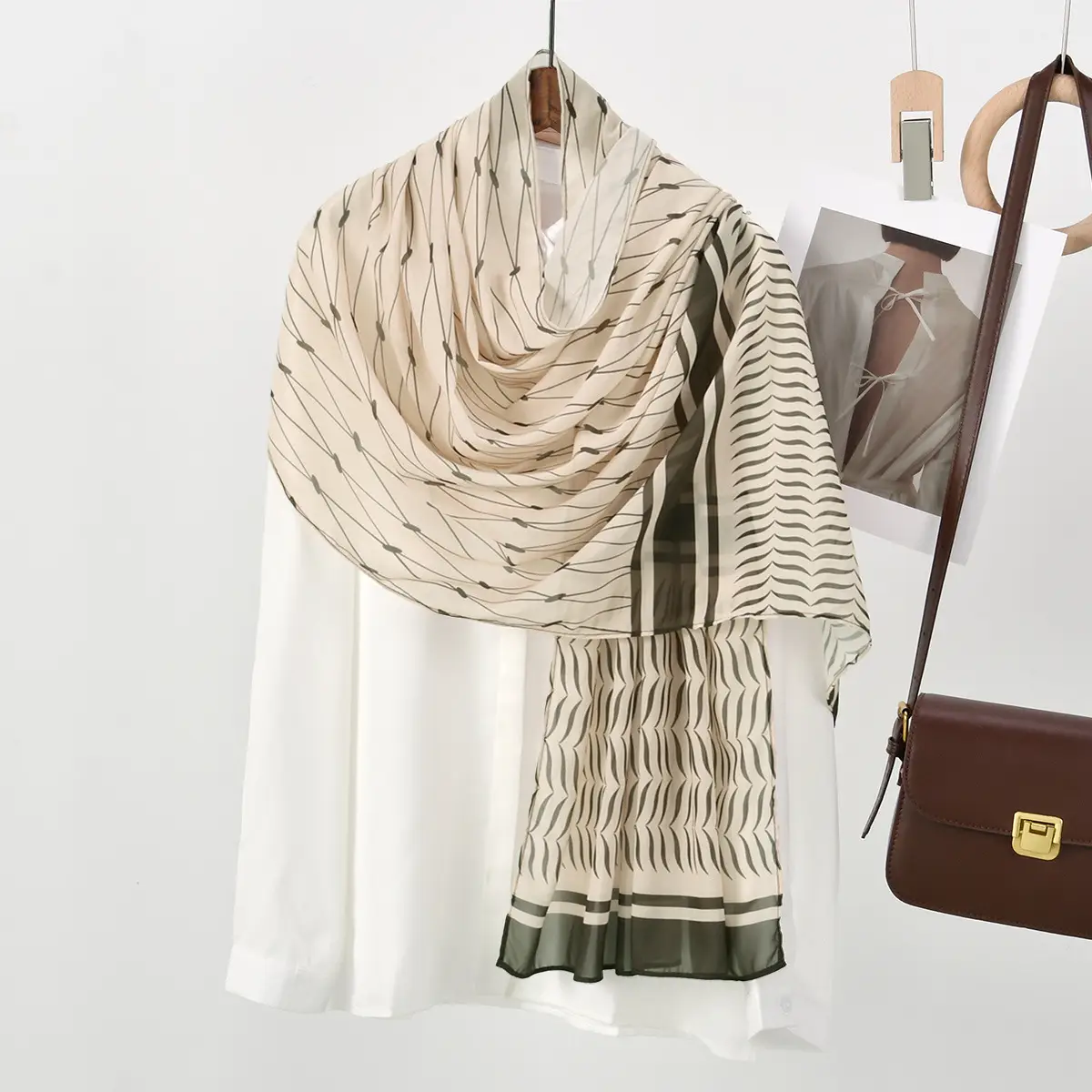 Arabian Chiffon Long Scarf for Women Beige Black - Image 2