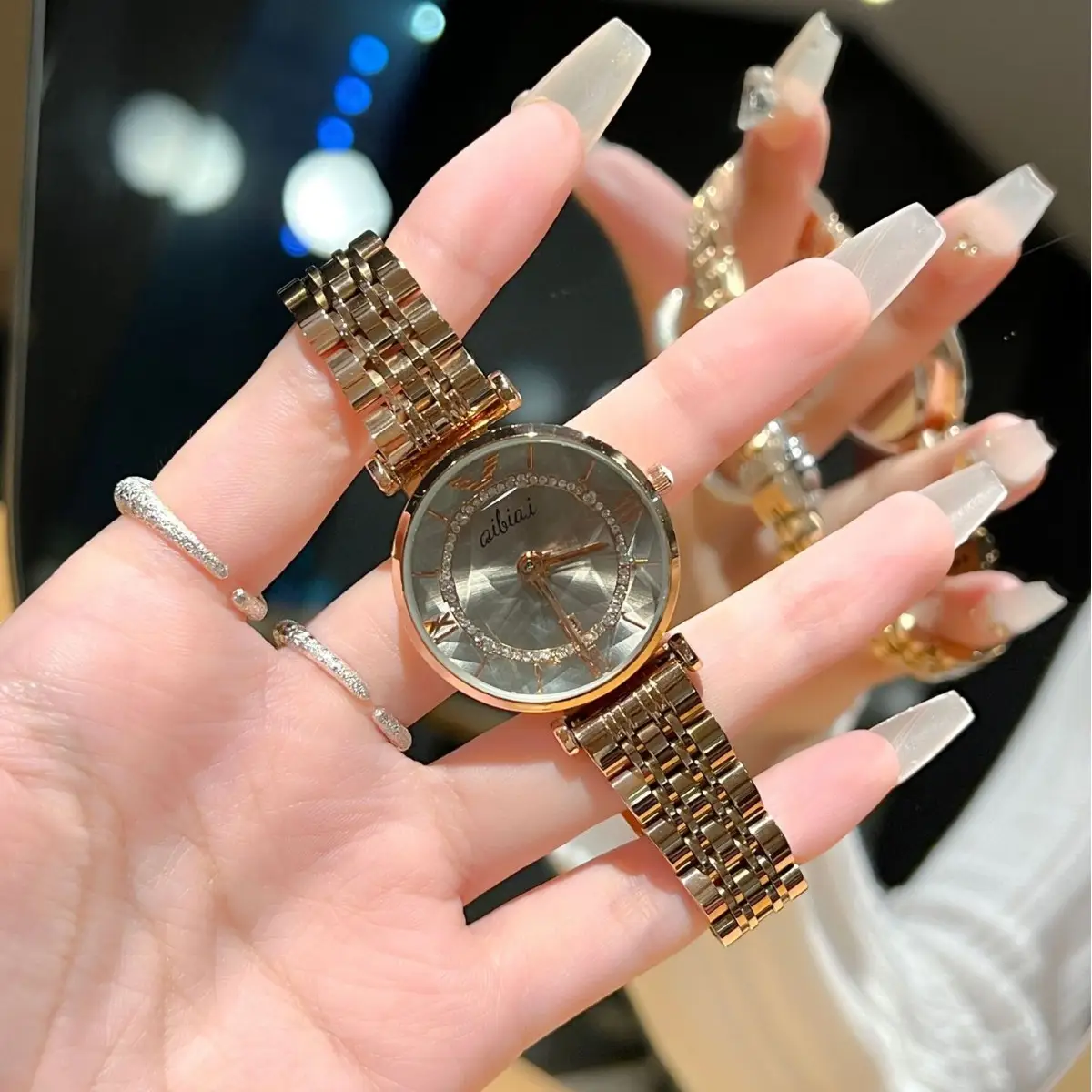 Women's Mirror Diamond Glass Ferris Wheel Watch Gold Steel Belt - Image 2