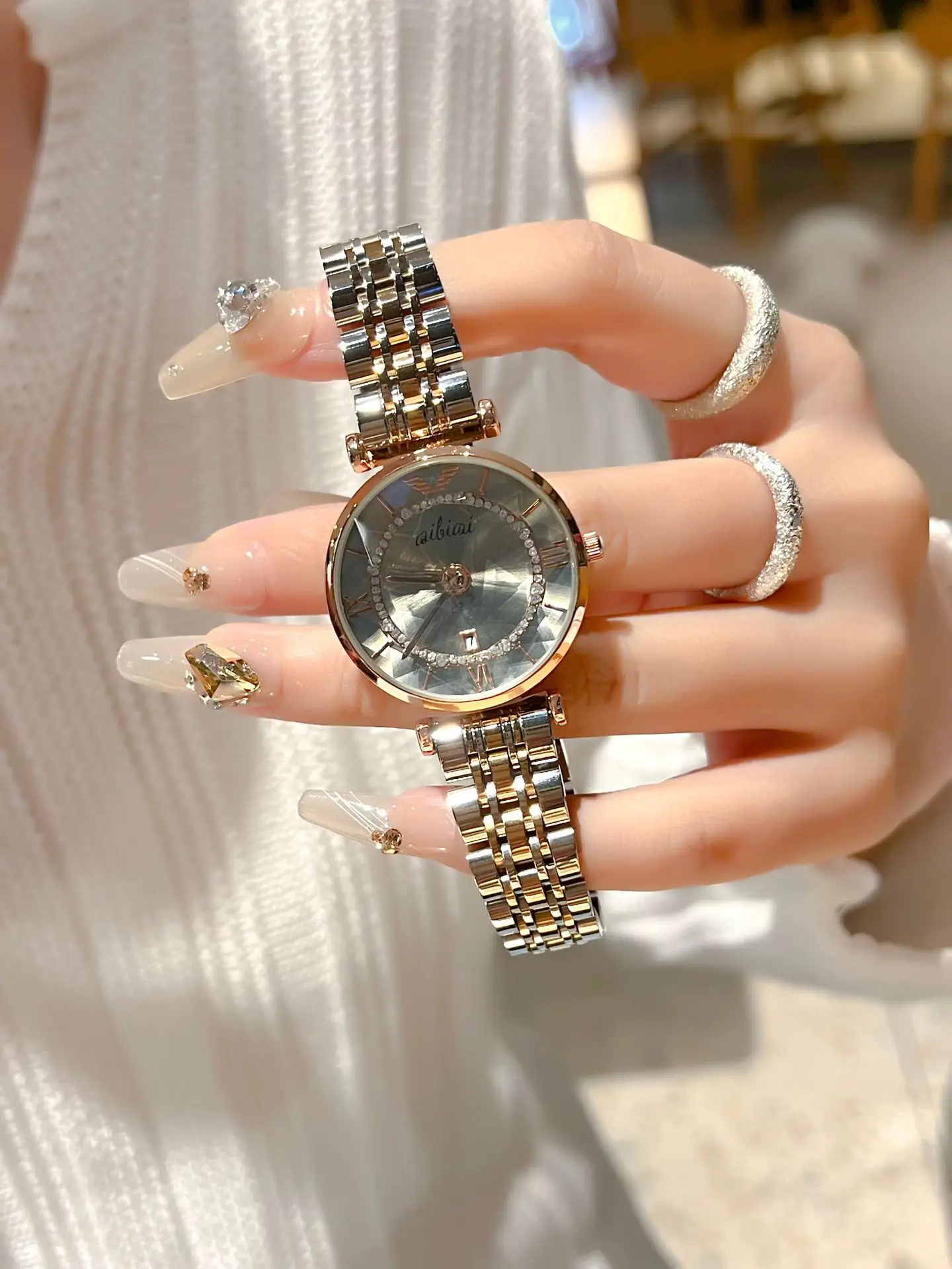 Women's Mirror Diamond Glass Ferris Wheel Watch Gold Steel Belt — feature 2