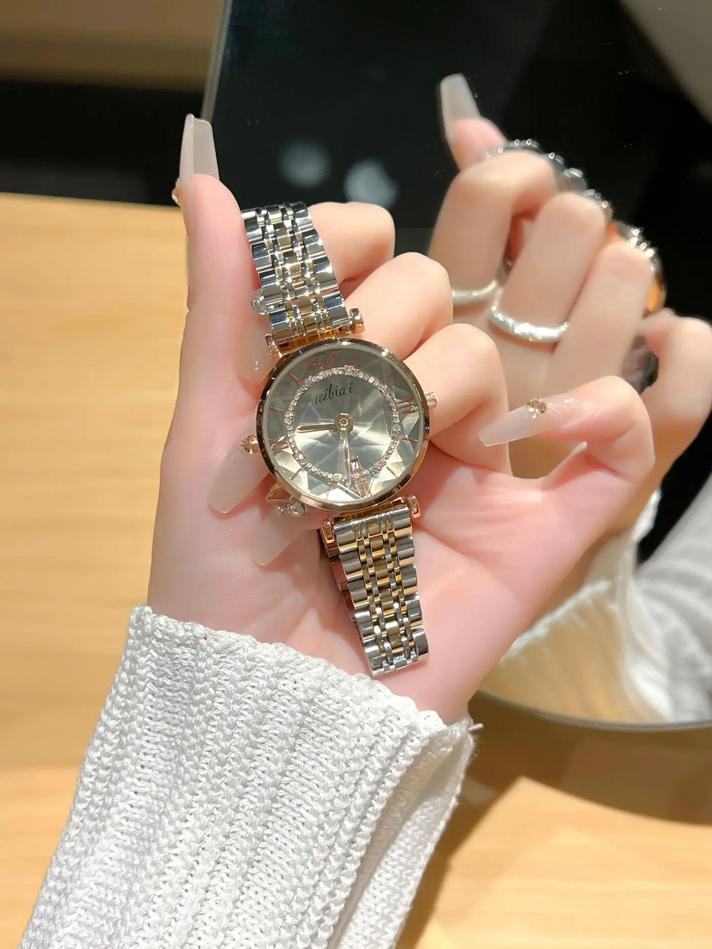 Women's Mirror Diamond Glass Ferris Wheel Watch Gold Steel Belt — feature 3
