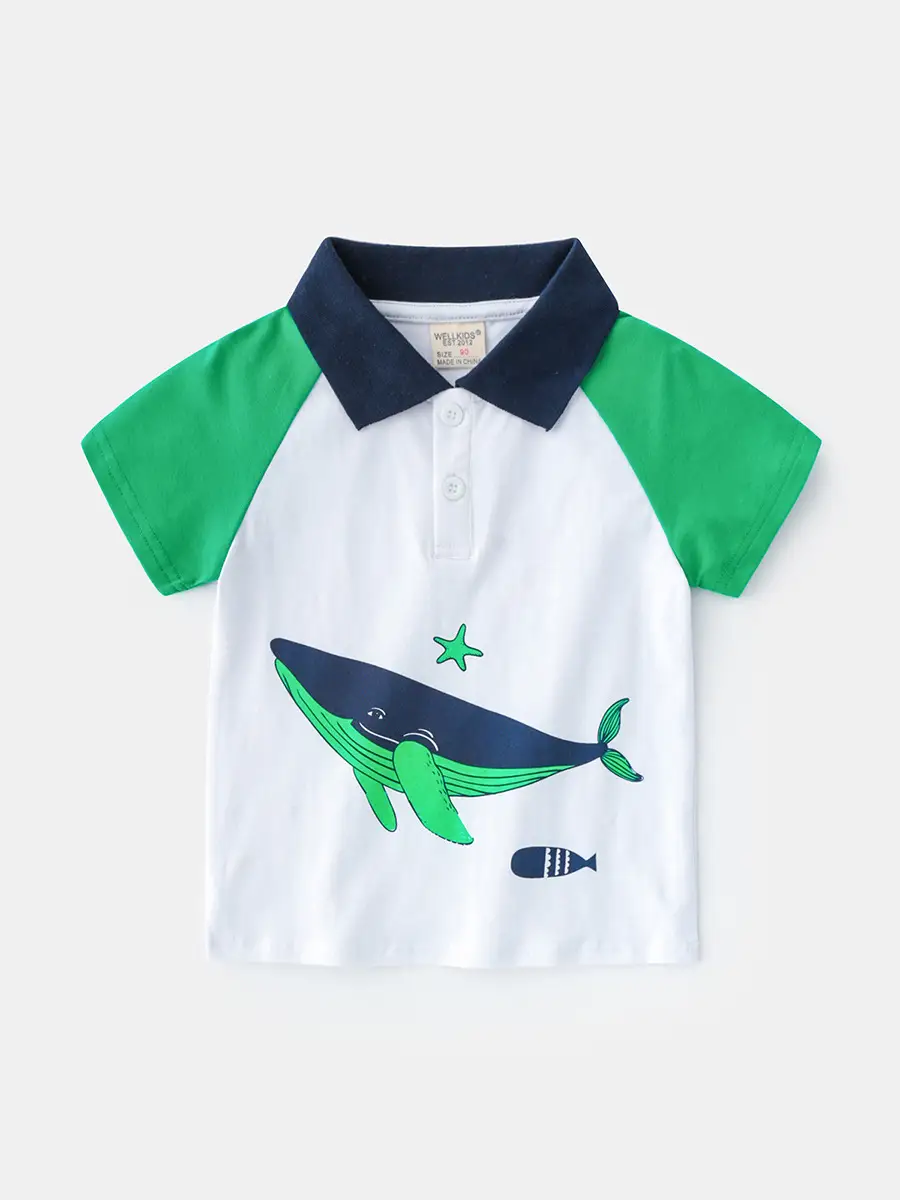 Kids Boys Polo Shirt White Green Whale Print 2025