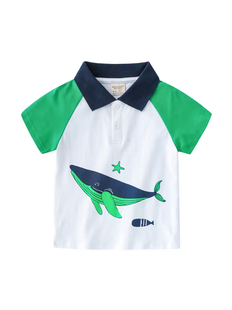 Kids Boys Polo Shirt White Green Whale Print 2025