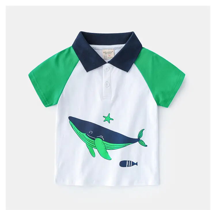 Kids Boys Polo Shirt White Green Whale Print 2025 — feature 10