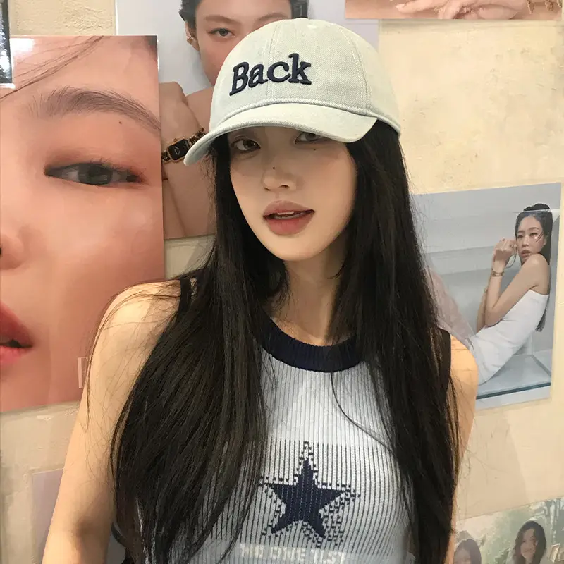 Korean-style Denim Cap with Star Print & Wide Brim - Image 3
