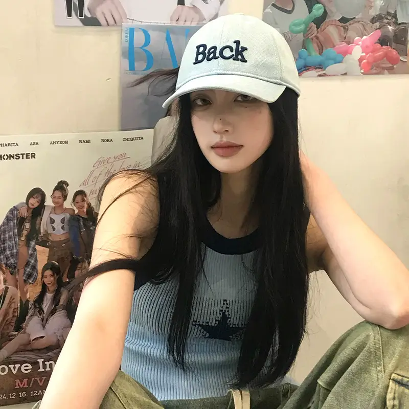 Korean-style Denim Cap with Star Print & Wide Brim - Image 4