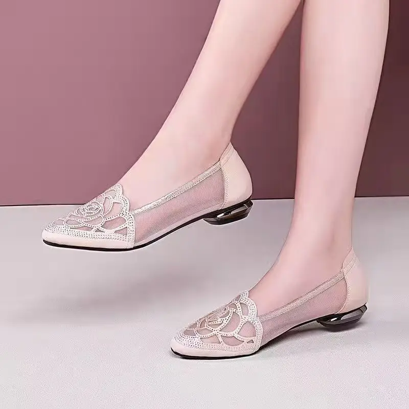 Soft Bottom Baotou Rhinestone Hollow Mesh Shoes 2025 Summer New Flat Pointed Shallow Mouth Comfortable Sandals for Women - Image 3