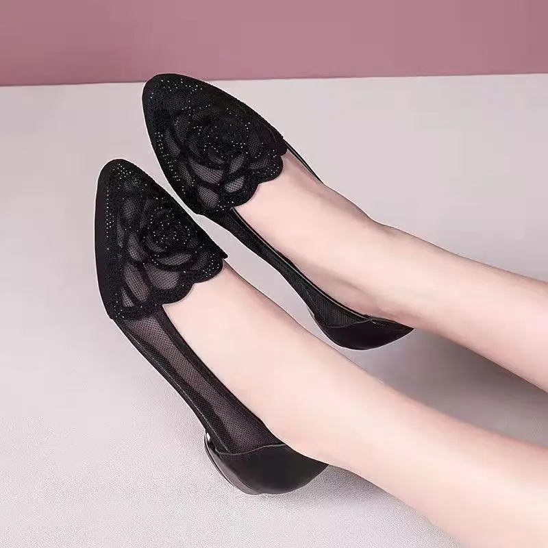 Soft Bottom Baotou Rhinestone Hollow Mesh Shoes 2025 Summer New Flat Pointed Shallow Mouth Comfortable Sandals for Women - Image 4