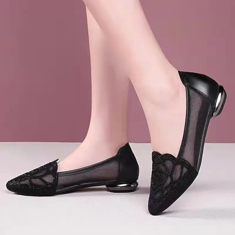 Soft Bottom Baotou Rhinestone Hollow Mesh Shoes 2025 Summer New Flat Pointed Shallow Mouth Comfortable Sandals for Women - Image 5