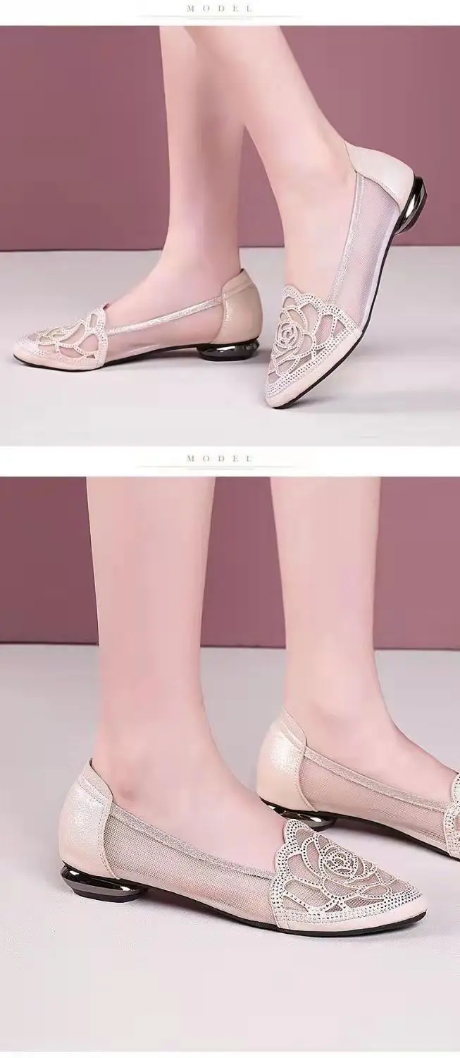 Soft Bottom Baotou Rhinestone Hollow Mesh Shoes 2025 Summer New Flat Pointed Shallow Mouth Comfortable Sandals for Women — feature 2