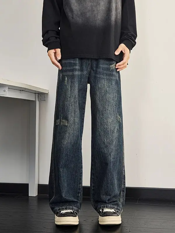 Dark Blue Retro Wide Leg Jeans Men Spring Autumn