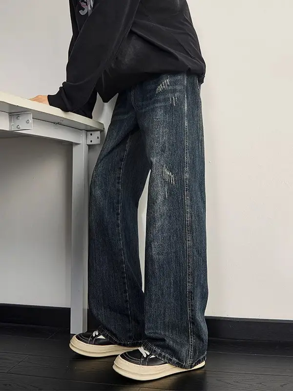 Dark Blue Retro Wide Leg Jeans Men Spring Autumn