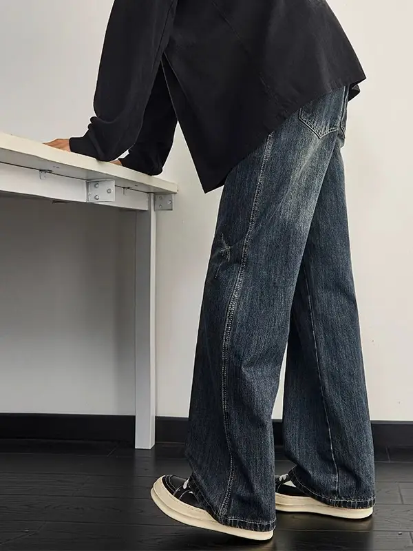 Dark Blue Retro Wide Leg Jeans Men Spring Autumn