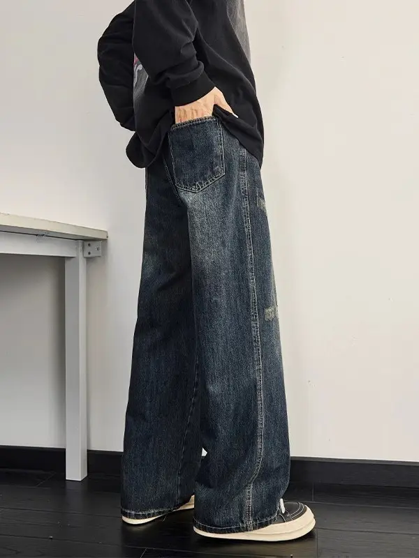 Dark Blue Retro Wide Leg Jeans Men Spring Autumn