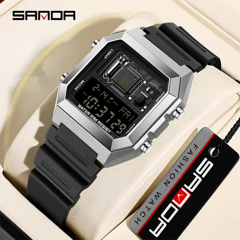 Men's Square Digital Water Resistant Watch Black - Image 9