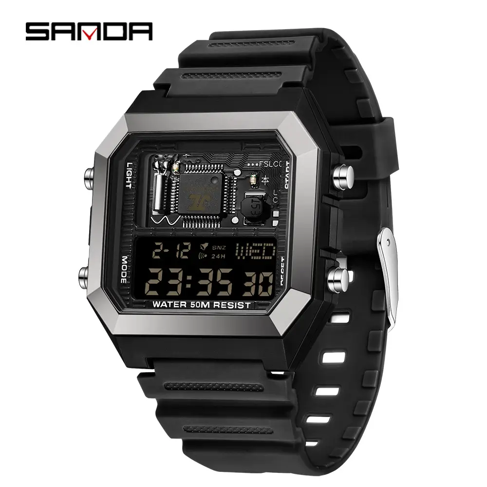 Men's Square Digital Water Resistant Watch Black - Image 2