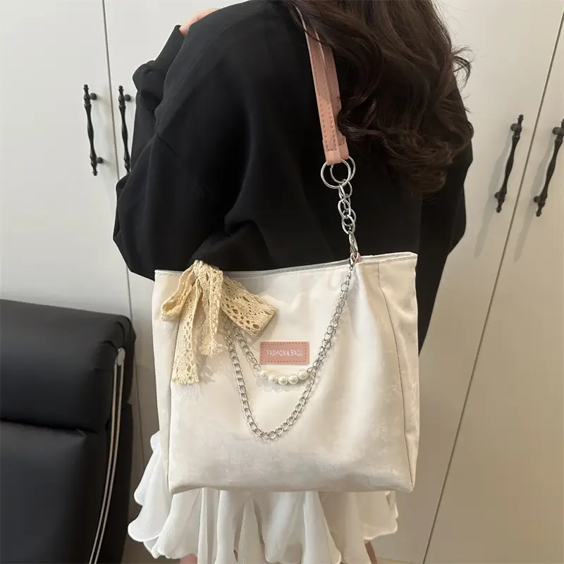 White Silk Chain Shoulder Tote Bag for Women - Image 4