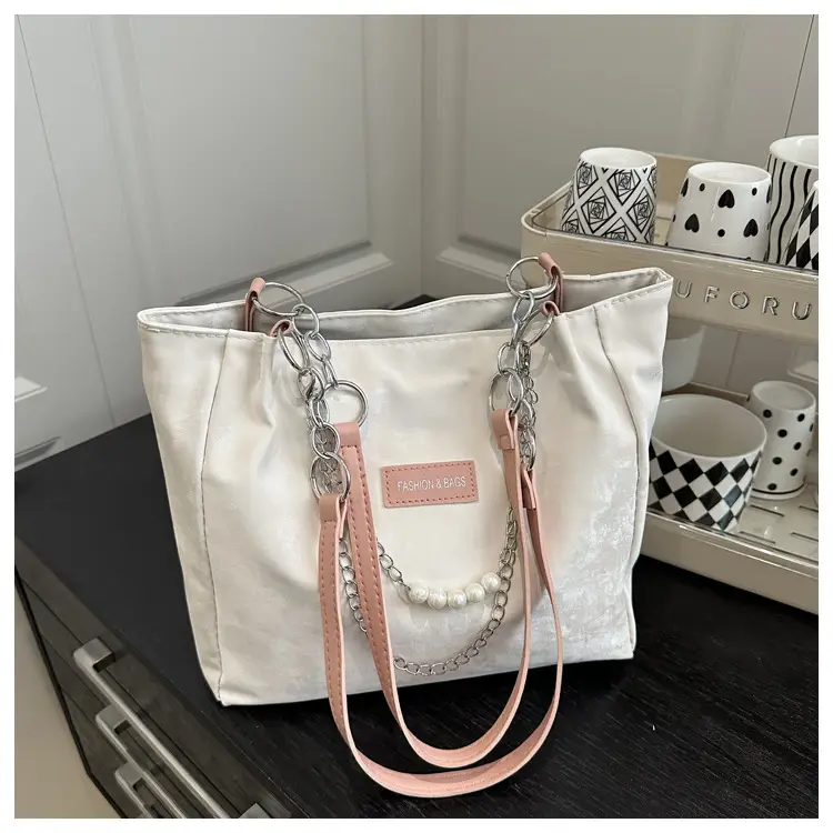 White Silk Chain Shoulder Tote Bag for Women - Image 2