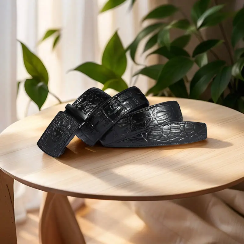 Black Croc Embossed Belt with Automatic Buckle - Image 3