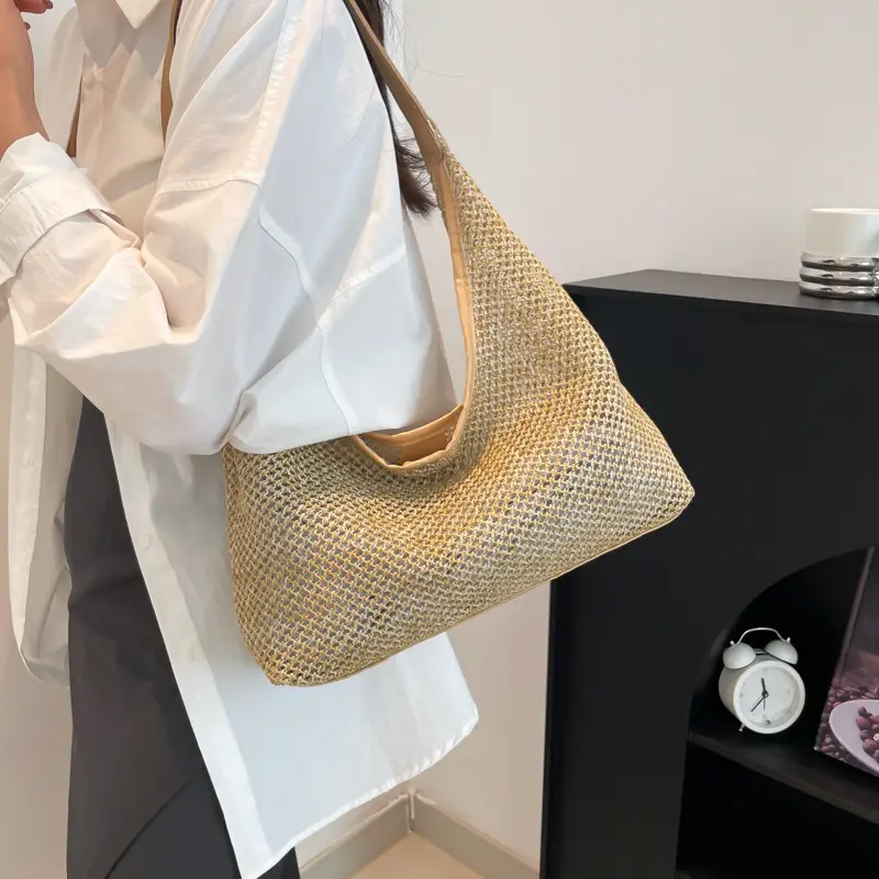 Women Vintage Woven Straw Shoulder Bag Large Capacity - Image 3