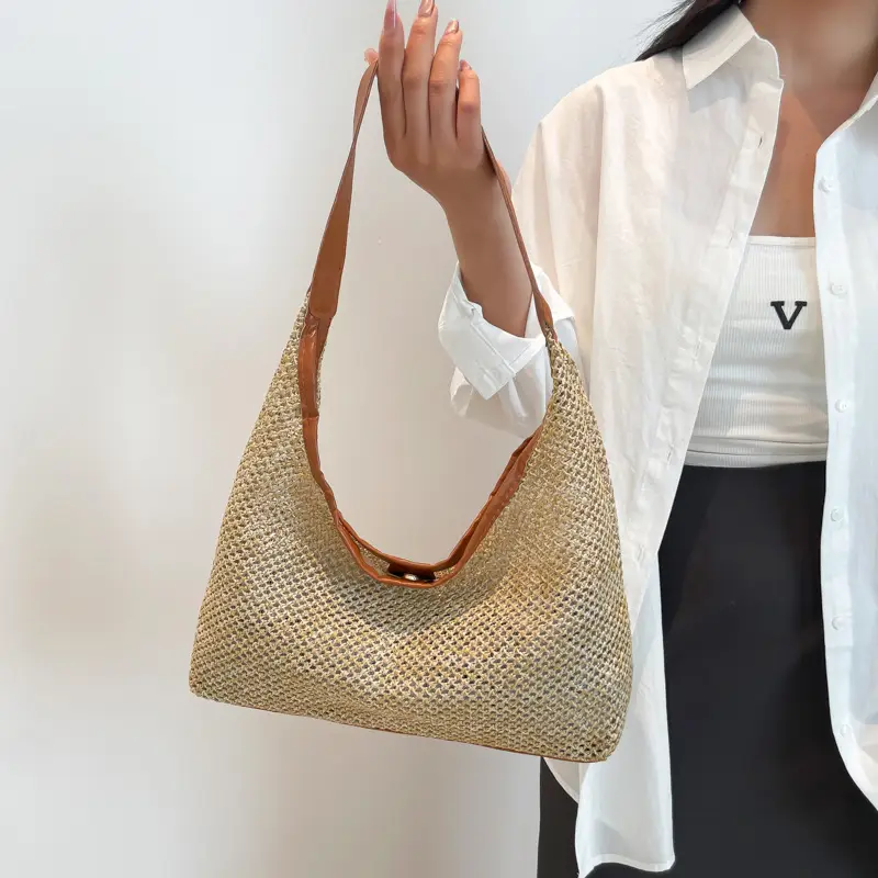 Women Vintage Woven Straw Shoulder Bag Large Capacity - Image 4