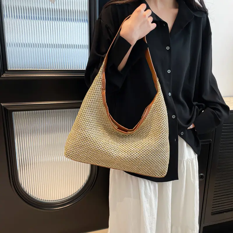 Women Vintage Woven Straw Shoulder Bag Large Capacity - Image 5