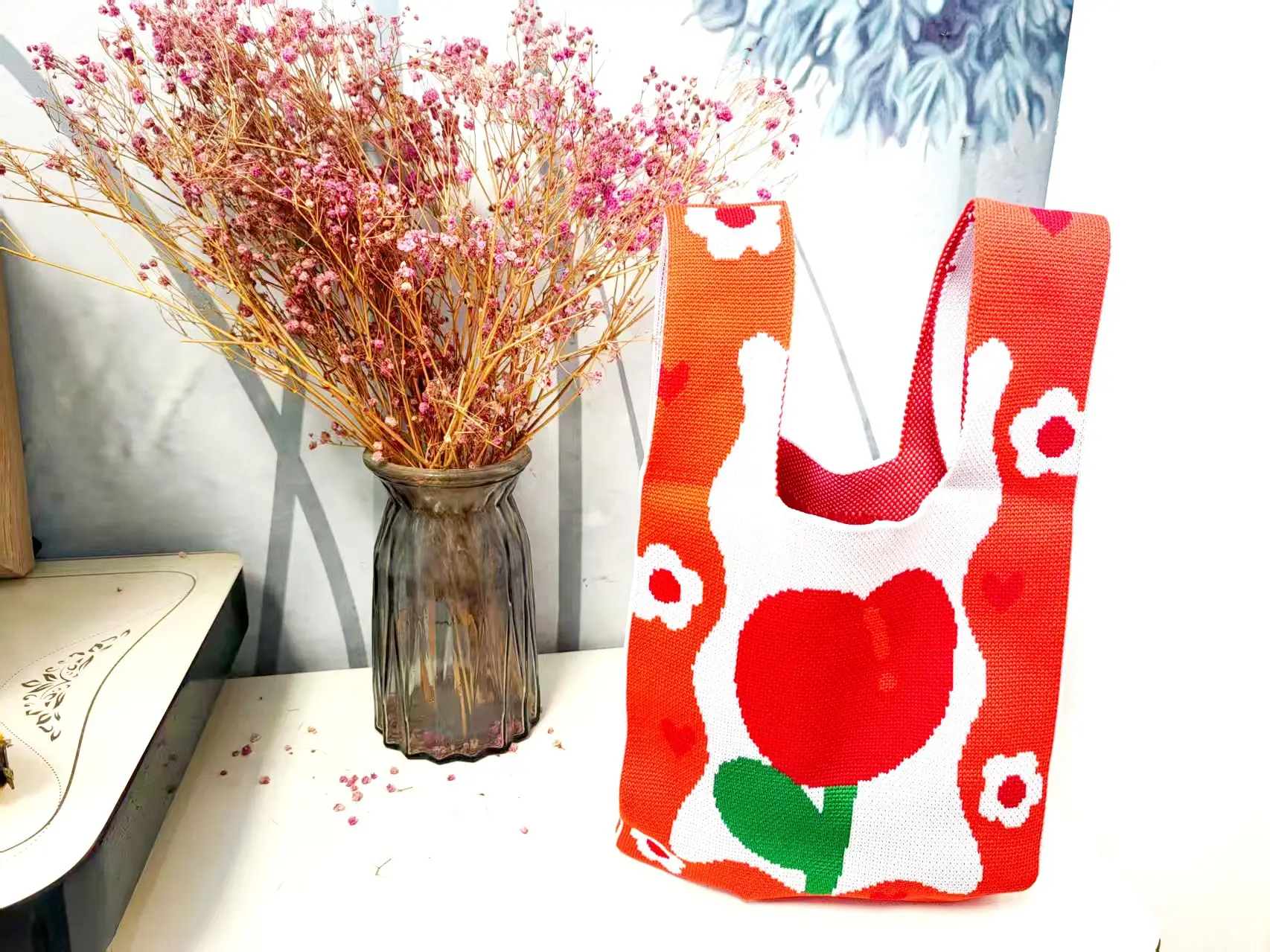 Cute Korean Style Red White Handheld Tote Bag - Image 27