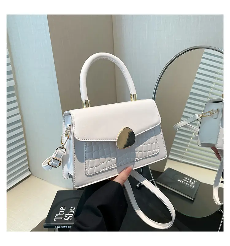 White Croc PU Shoulder Crossbody Bag with Gold Clasp — feature 27