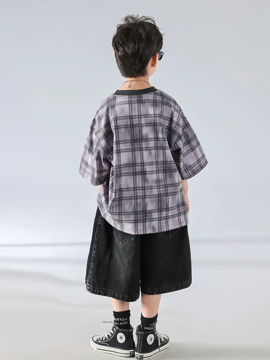 Boys Plaid Denim Shorts Summer T-Shirt 2025 - Image 4