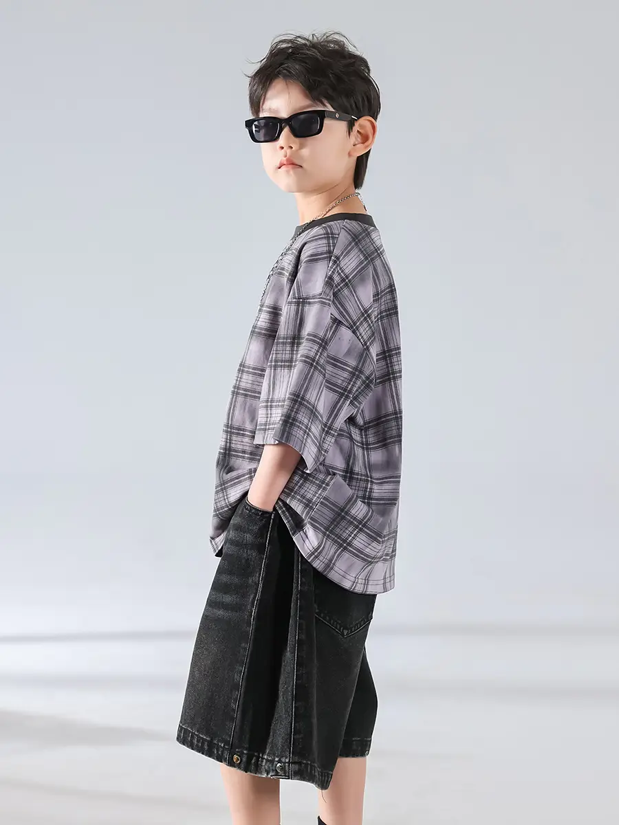 Boys Plaid Denim Shorts Summer T-Shirt 2025 - Image 5