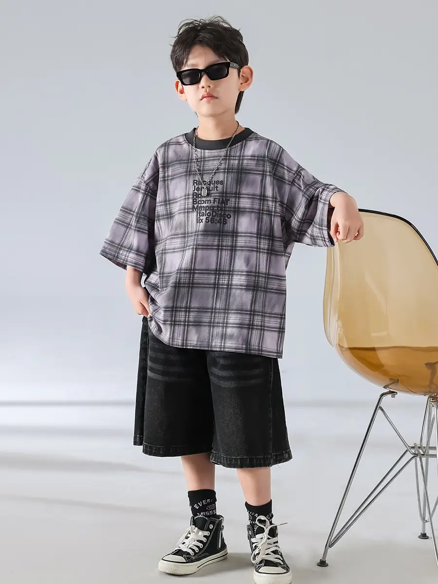 Boys Plaid Denim Shorts Summer T-Shirt 2025 - Image 6