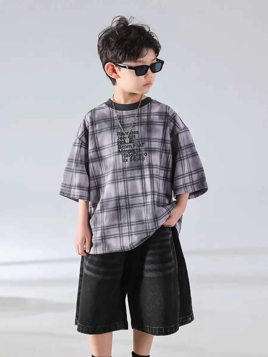 Boys Plaid Denim Shorts Summer T-Shirt 2025 - Image 7