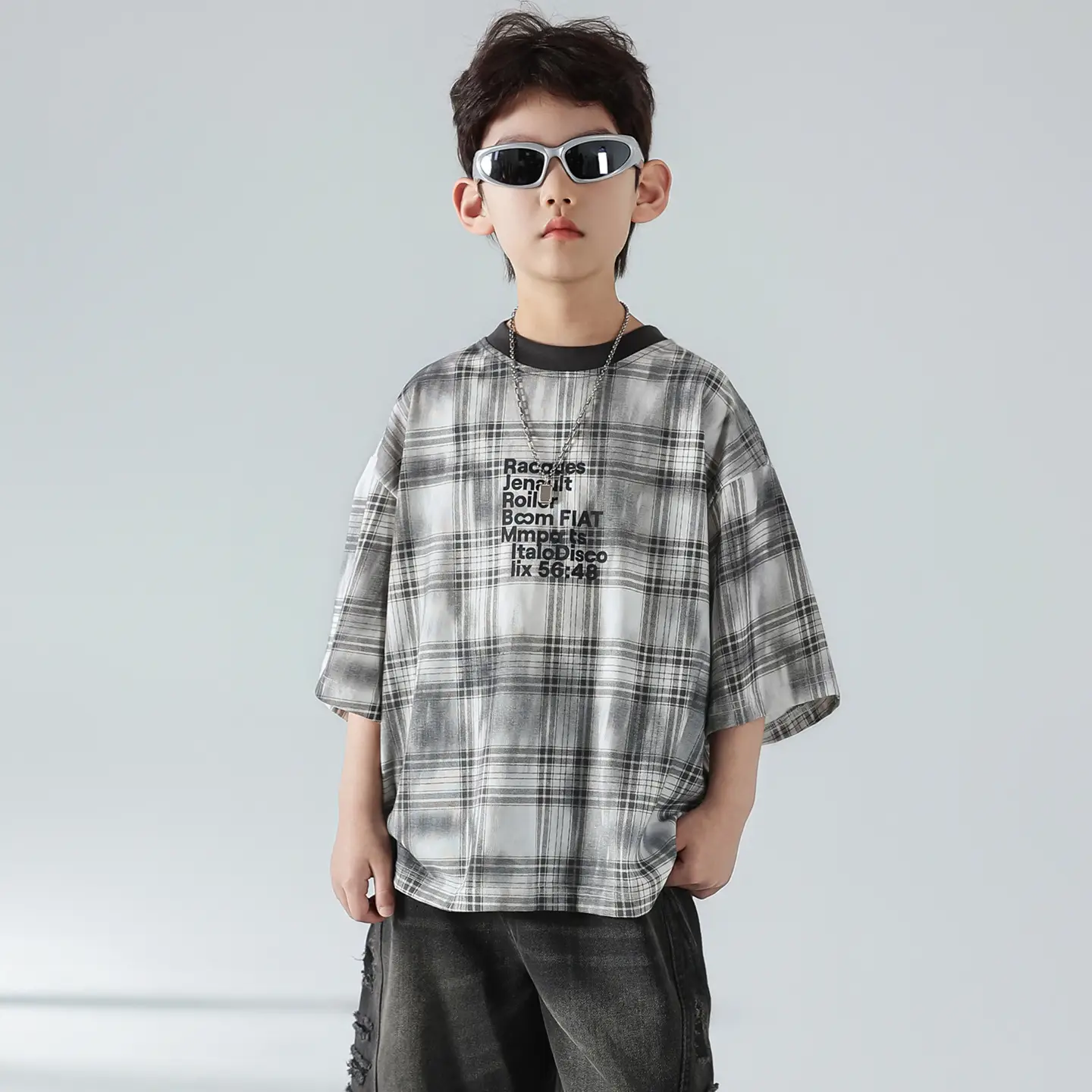 Boys Plaid Denim Shorts Summer T-Shirt 2025 - Image 2