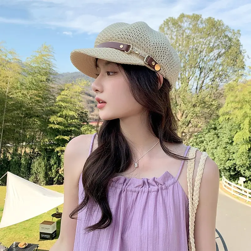 Women Hollow Breathable Beret Hat with Sun Protection - Image 5